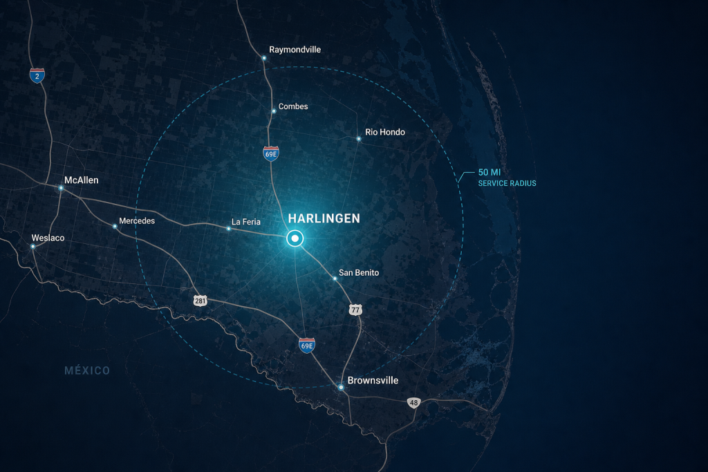 Satellite-style service area map centered on Harlingen and the Rio Grande Valley with a 50 mile service radius
